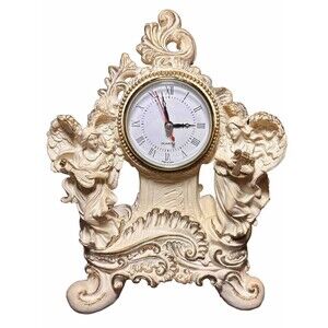 Vintage Double Angel Resin Desk Mantel Quartz Clock White/Gold Working